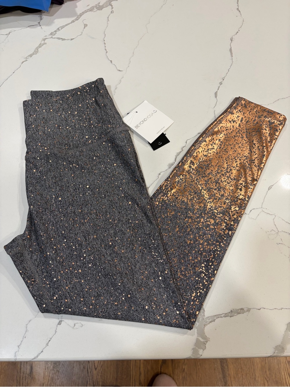 Beyond Yoga Charcoal Leggings with Metallic Rose Gold Design